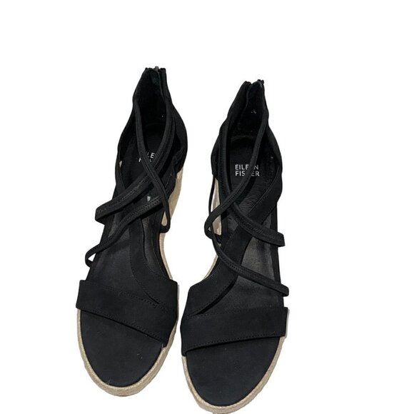 EILEEN FISHER Wanda Black Nubuck Espadrille Wedge Sandals size 9 New - Picture 4 of 6